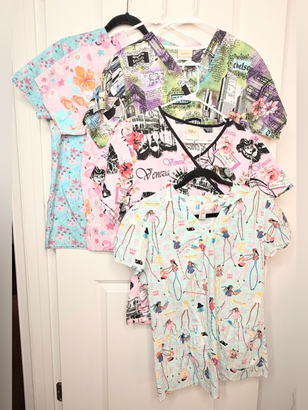 Tafford Scrub Tops Small Lot Nurse Medical Uniform Paris Flamingo Print Bundle